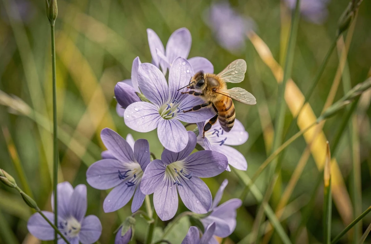 Gros plan sur des fleurs sauvages violettes en prairie avec une abeille pollinisatrice