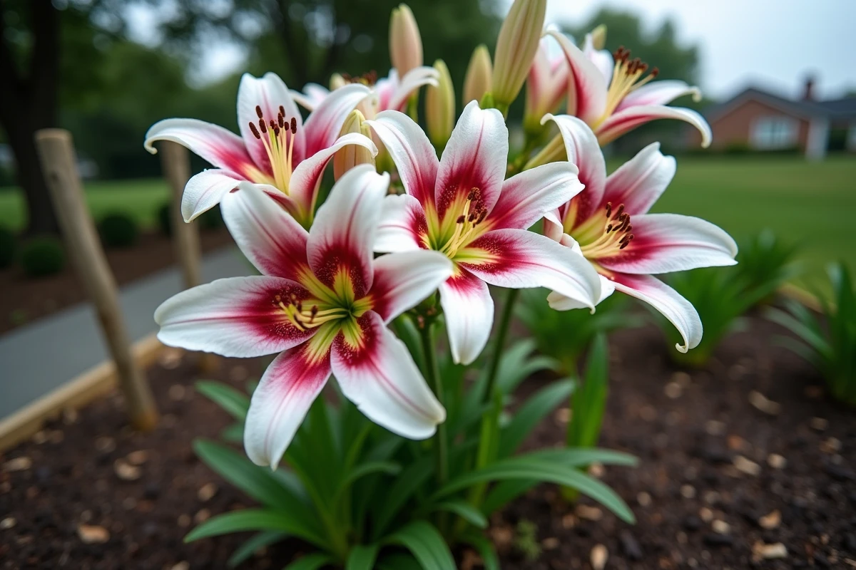 Hampes de lys orientaux en pleine floraison avec pétales blancs et roses dans le jardin