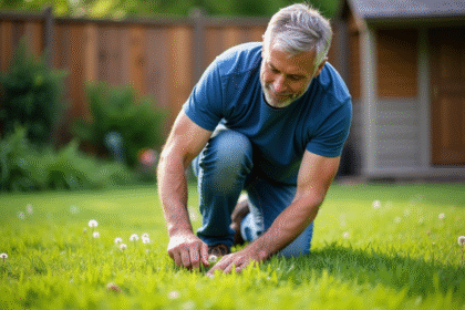 Homme en jeans et T-shirt bleu arrachant des pissenlits dans le jardin