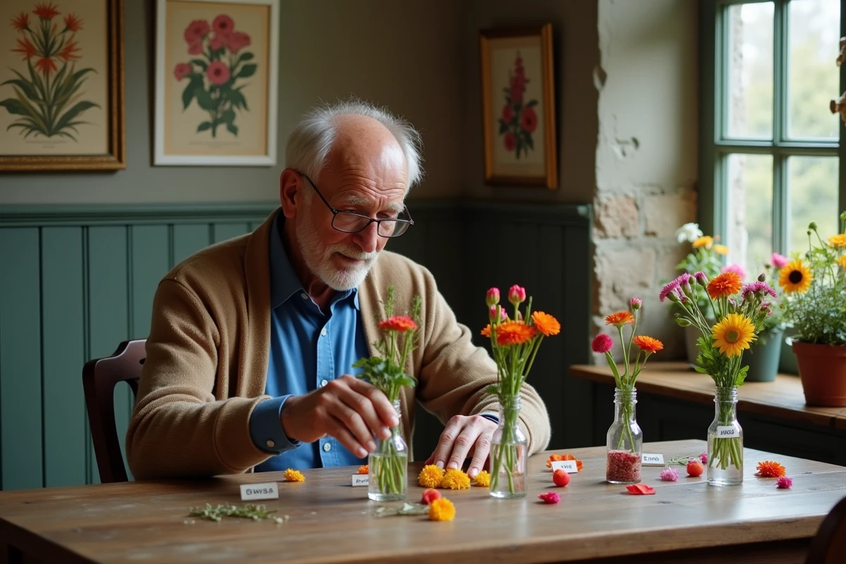 Homme âgé arrangeant fleurs dans une pièce chaleureuse