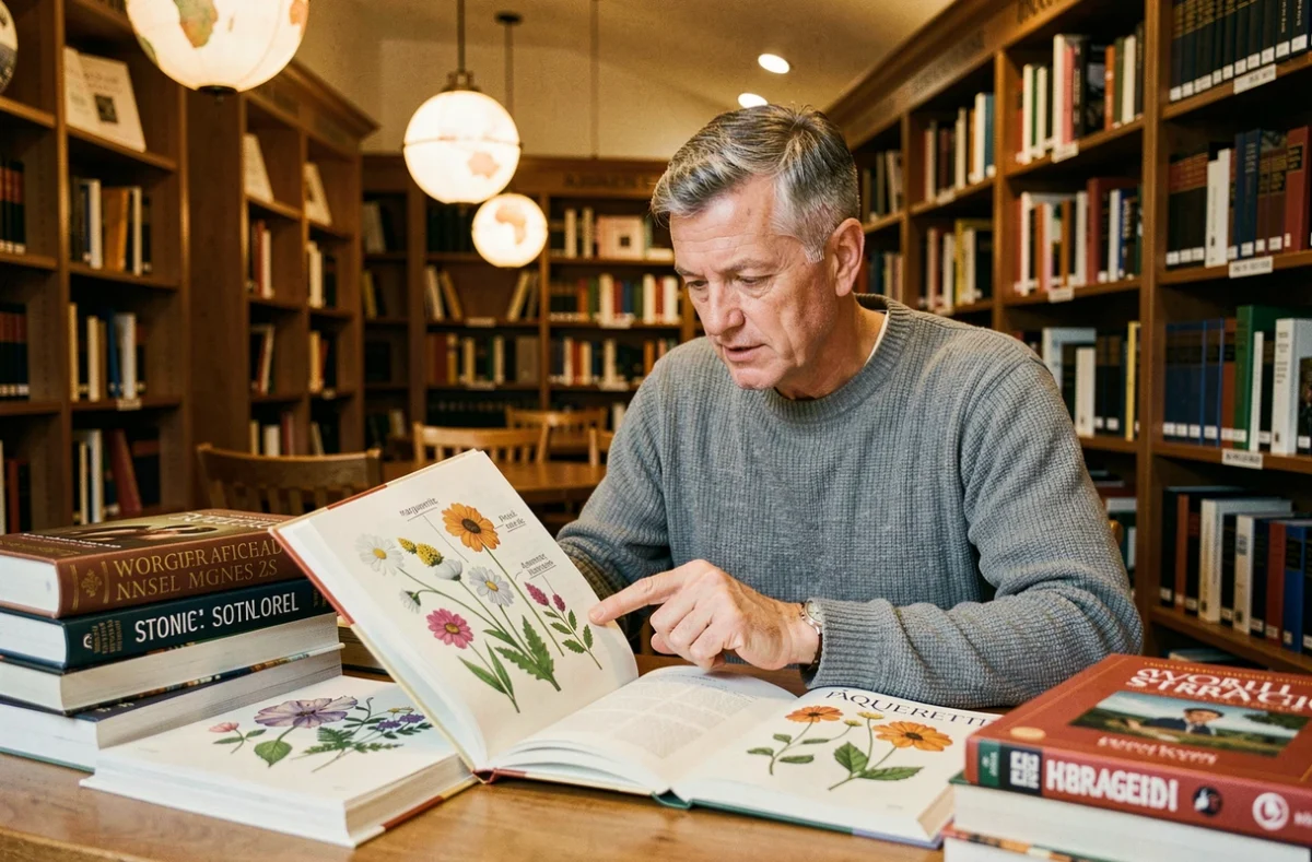 Homme consultant des livres botaniques en bibliothèque pour mémoriser les noms de fleurs en -ette pour les jeux de lettres