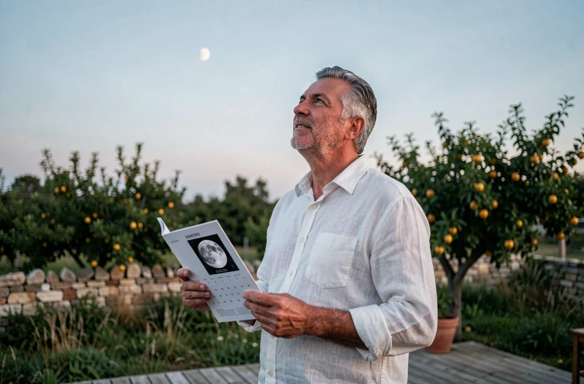Homme tenant un livret de calendrier lunaire 2026 sur une terrasse en bois au crépuscule, observant un croissant de lune dans le ciel du soir