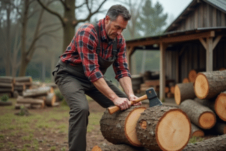 Homme d'âge moyen coupe du bois avec un axe dans un jardin rural