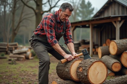 Homme d'âge moyen coupe du bois avec un axe dans un jardin rural