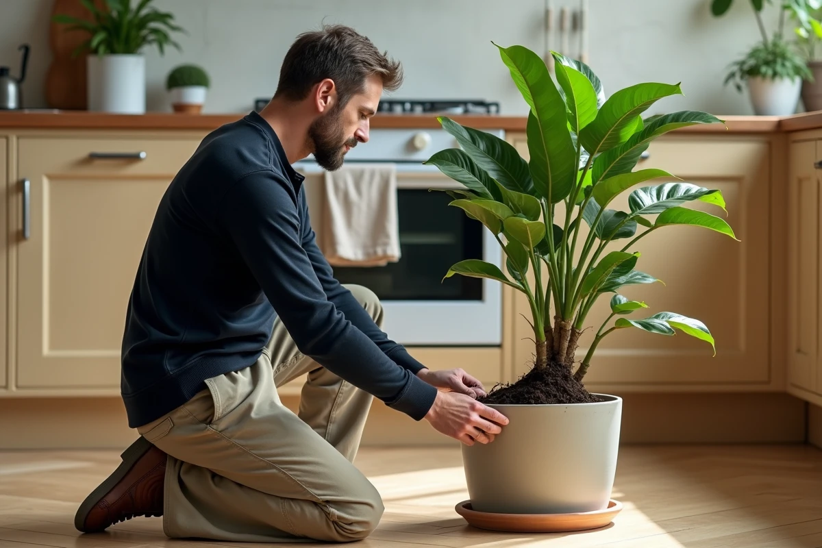 Homme libérant les racines compressées d'un grand ficus en pot dans une cuisine, en glissant un couteau le long du pot pour faciliter le rempotage
