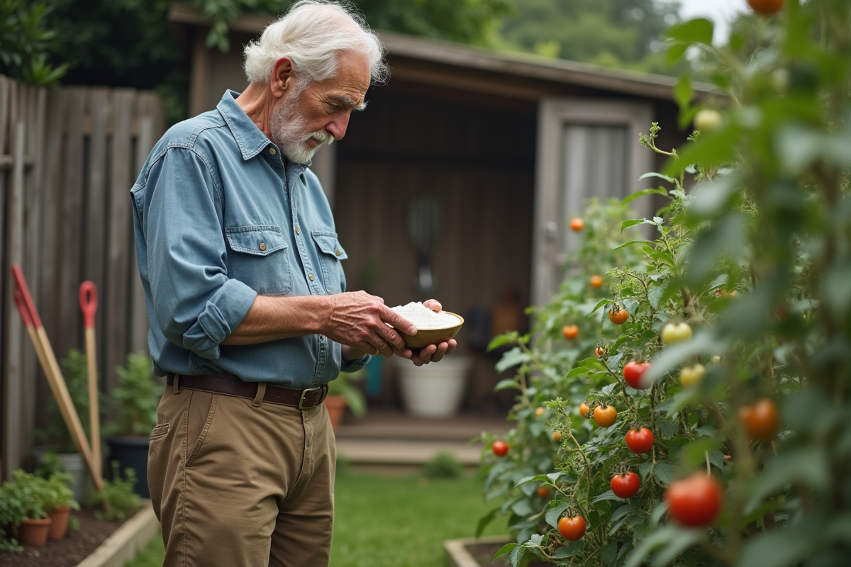 Homme âgé tenant bicarbonate près de tomates mûres