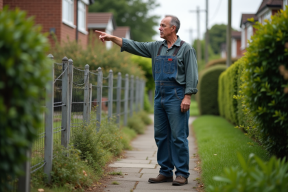 Homme en vêtements de travail pointant vers son jardin en conflit