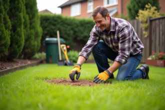 Homme en tenue de jardinage étalant du fertilisant sur la pelouse