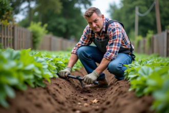 Homme d'âge moyen en jeans utilisant un rotavator dans un jardin