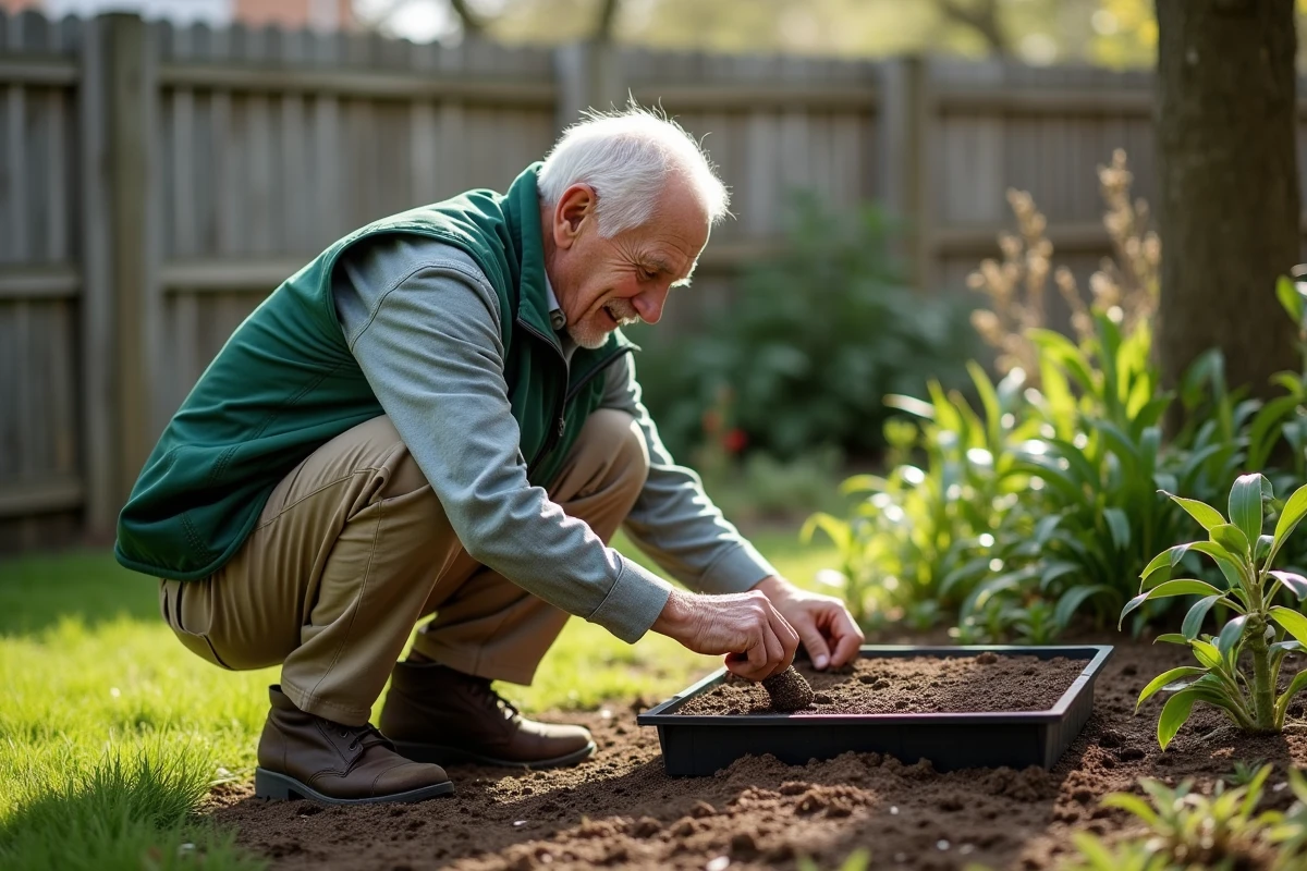 Homme âgé cultivant des graines dans un jardin verdoyant