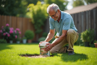 Homme d'âge moyen appliquant de l'engrais sur la pelouse