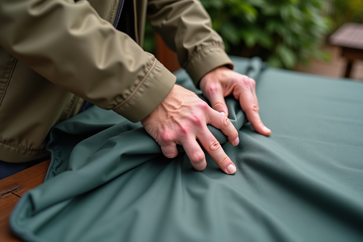 Homme montrant comment soulever une housse de mobilier de jardin