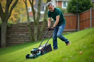 Homme d'âge moyen utilisant une tondeuse sans fil en pente
