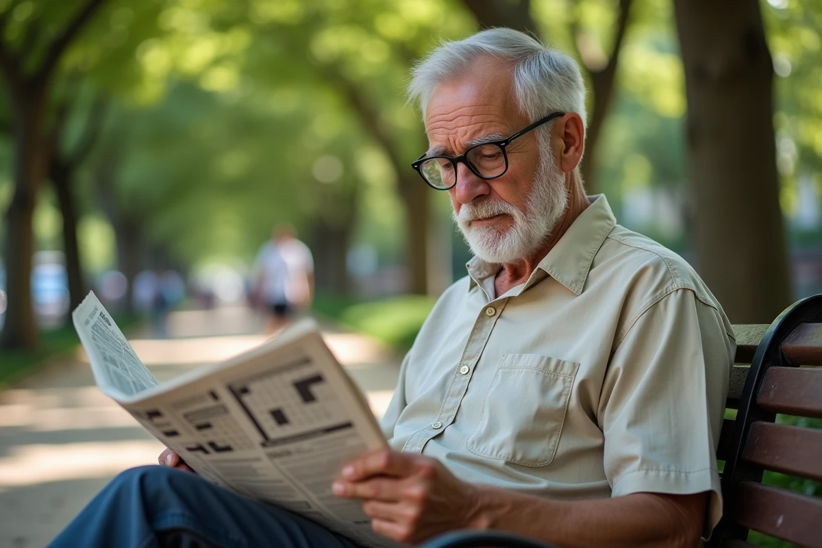 Homme âgé assis sur un banc de parc résolvant les mots fléchés d'un journal plié en plein air