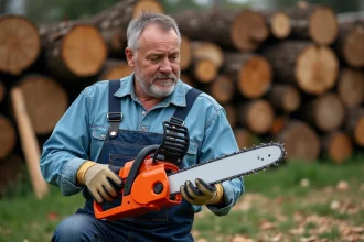 Homme en tenue de travail examinant une tronçonneuse électrique dans le jardin