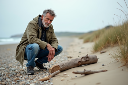 Homme d'âge moyen sur la plage française inspectant un bois flotté
