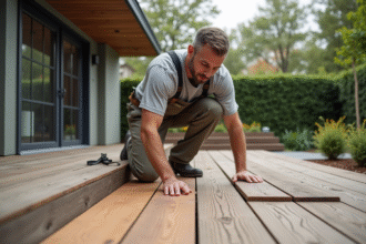 Homme en vêtements décontractés pose une terrasse en bois