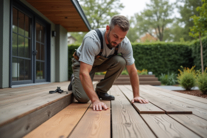 Homme en vêtements décontractés pose une terrasse en bois
