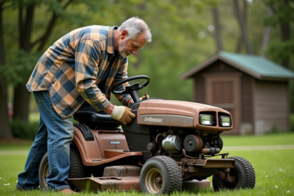 Homme d'âge moyen inspectant une vieille tondeuse dans un jardin