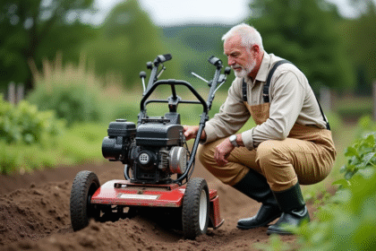 Homme d'âge moyen inspectant un rotovator dans un jardin