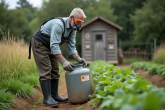 Homme en tenue de protection dans un jardin rural
