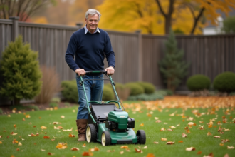 Homme d'âge moyen poussant une tondeuse dans un jardin automnal