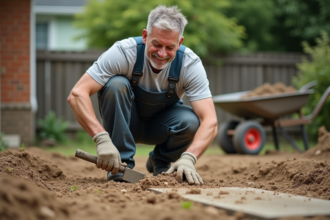 Ouvrier en overalls prépare le sol pour une dalle de beton