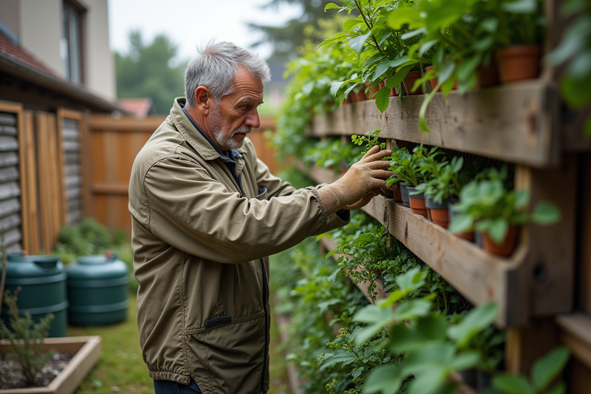 Homme âgé ajustant un jardin vertical dans son jardin