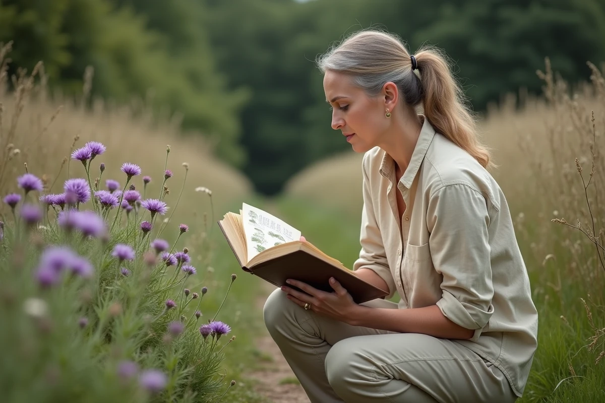 Femme identifiant des fleurs mauves sauvages de knautie des champs à l'aide d'un guide botanique en bord de chemin de campagne