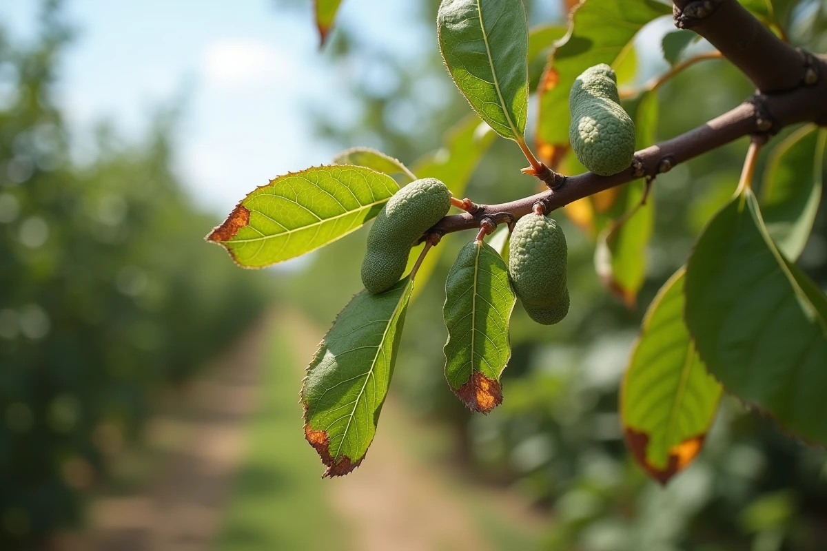 Branche de prunier infestée par des chenilles vertes avec des feuilles endommagées dans un verger fruitier