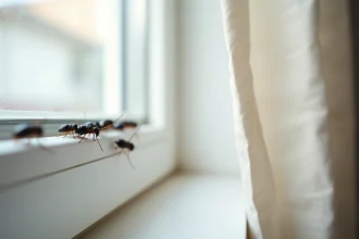 Minuscules insectes noirs regroupés sur un encadrement de fenêtre blanc en bois dans un appartement moderne