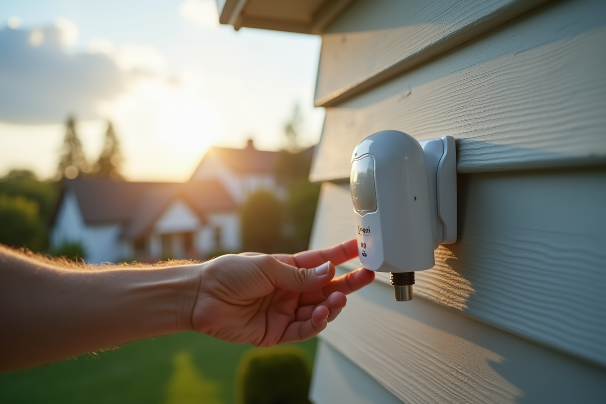 Main installant un capteur météo sur un mur extérieur de maison