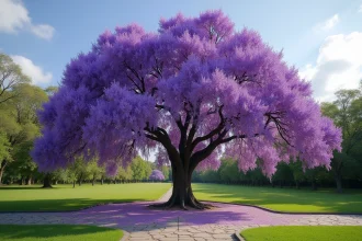 Arbre jacaranda en pleine floraison violette dans un parc urbain, pétales tombés sur le sol, ciel bleu dégagé