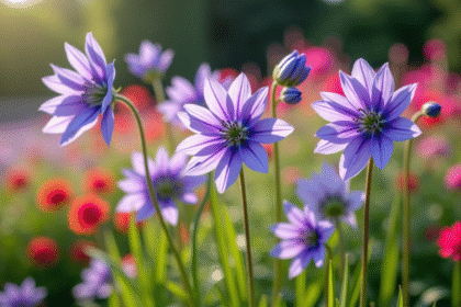 Jardin coloré avec agapanthus et anemone en plein jour