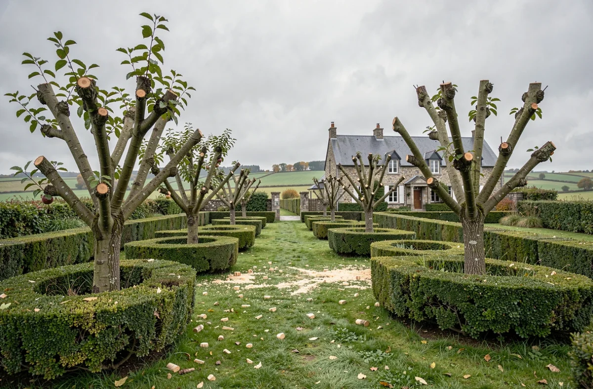 Jardin breton après un entretien d'élagage professionnel avec des arbres fruitiers taillés et des haies façonnées à Quimper