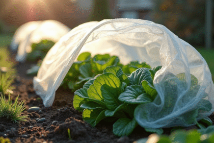 Jardin potager d'hiver avec couvertures blanches et cloches en plastique