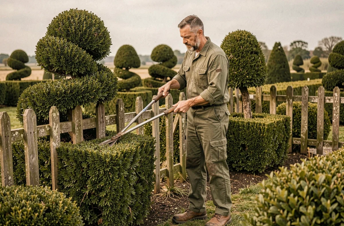 Jardinier du Jardin Viking taillant une haie topiaire en forme sculptée dans un jardin normand typique