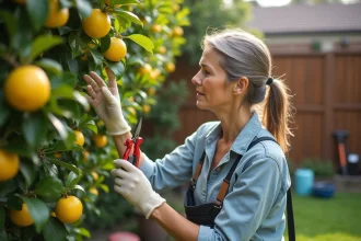 Femme méditative examinant un arbre citron jaunissant