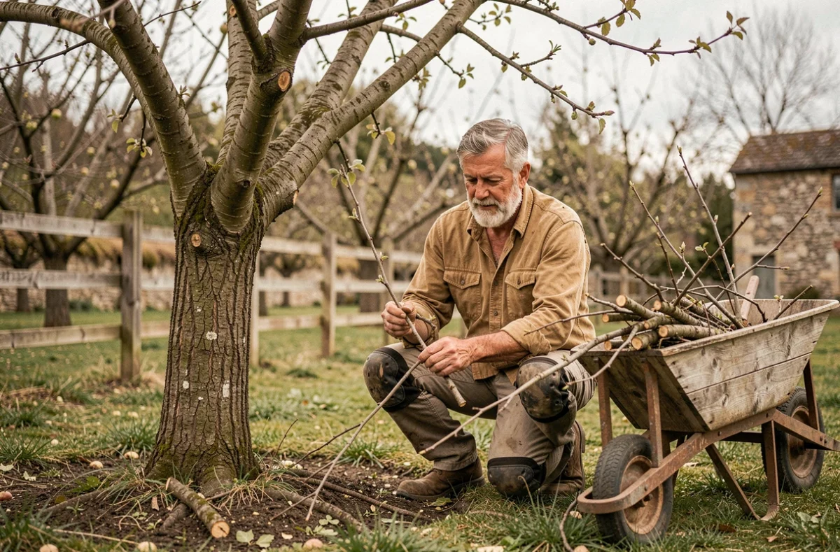 Jardinier ramassant les branches après l'élagage d'un arbre fruitier dans un verger rural au printemps