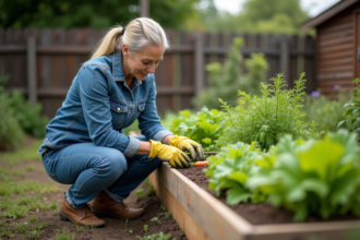 Femme en jardinage inspectant des légumes dans un jardin