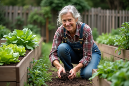 Femme en jardinage dans un potager verdoyant