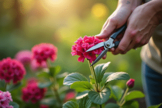 Mains d'un jardinier manipulant un geranium avec des ciseaux propres