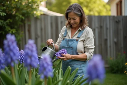 Femme jardinant avec arrosoir hyacinths en fleurs