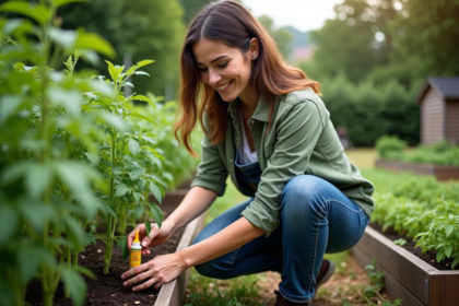 Femme jardinant avec une plante de tomates dans un jardin