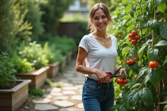Femme en jeans taillant des tomates dans son jardin