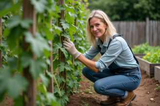 Femme jardinant guide jeunes pois sur treillis