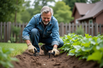 Homme en vêtements de jardinage arrosant un potager