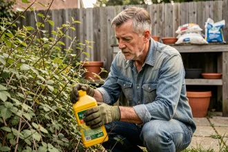 Jardinier lisant l'étiquette d'un débroussaillant interdit dans son jardin en 2026