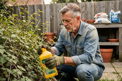Jardinier lisant l'étiquette d'un débroussaillant interdit dans son jardin en 2026