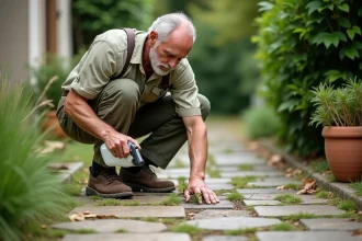 Jardinier appliquant un désherbant alternatif sans glyphosate sur des mauvaises herbes entre des pavés en pierre d'un jardin résidentiel